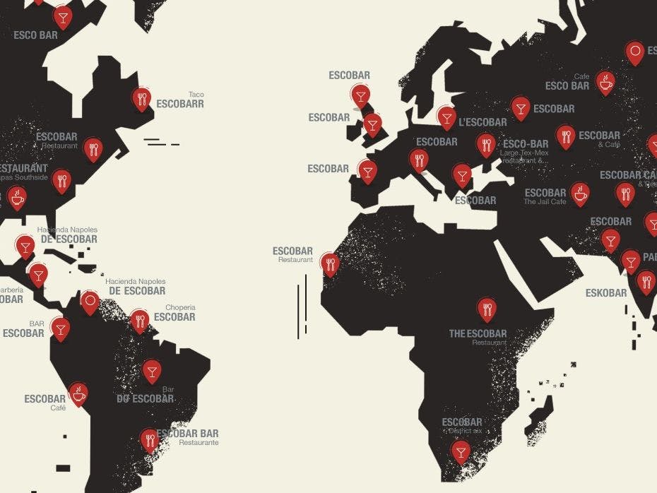 Verdenskart som viser ulike kaféer og barer kalt "Escobar" plassert over hele verden