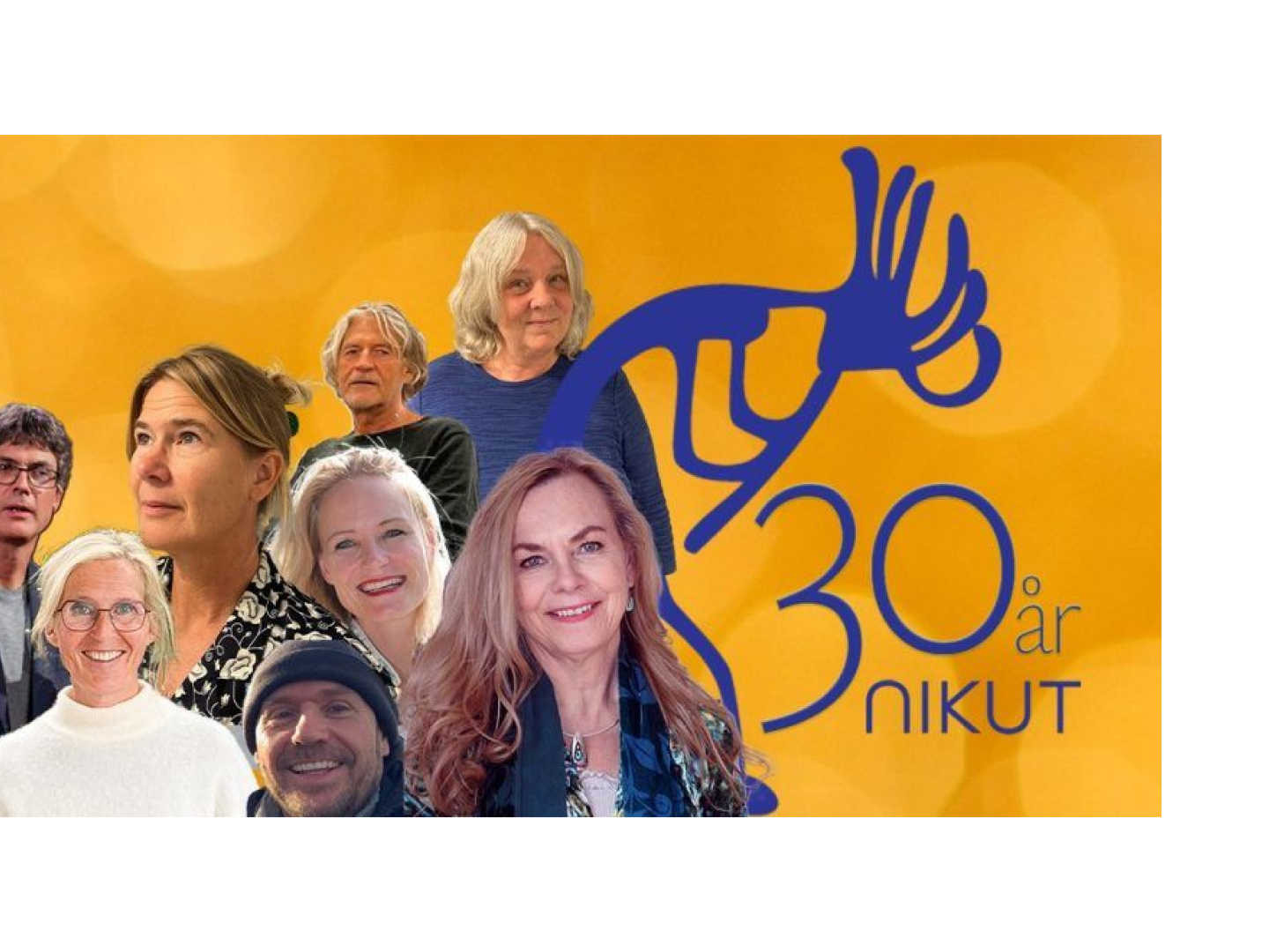 Illustrasjon av paneldeltakerne og logo av "NIKUT 30år"