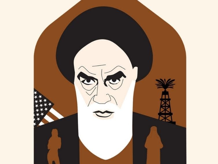Illustrasjon av ayatollah Khomeini, et amerikansk flagg, et oljetårn og to kvinneskikkelser.