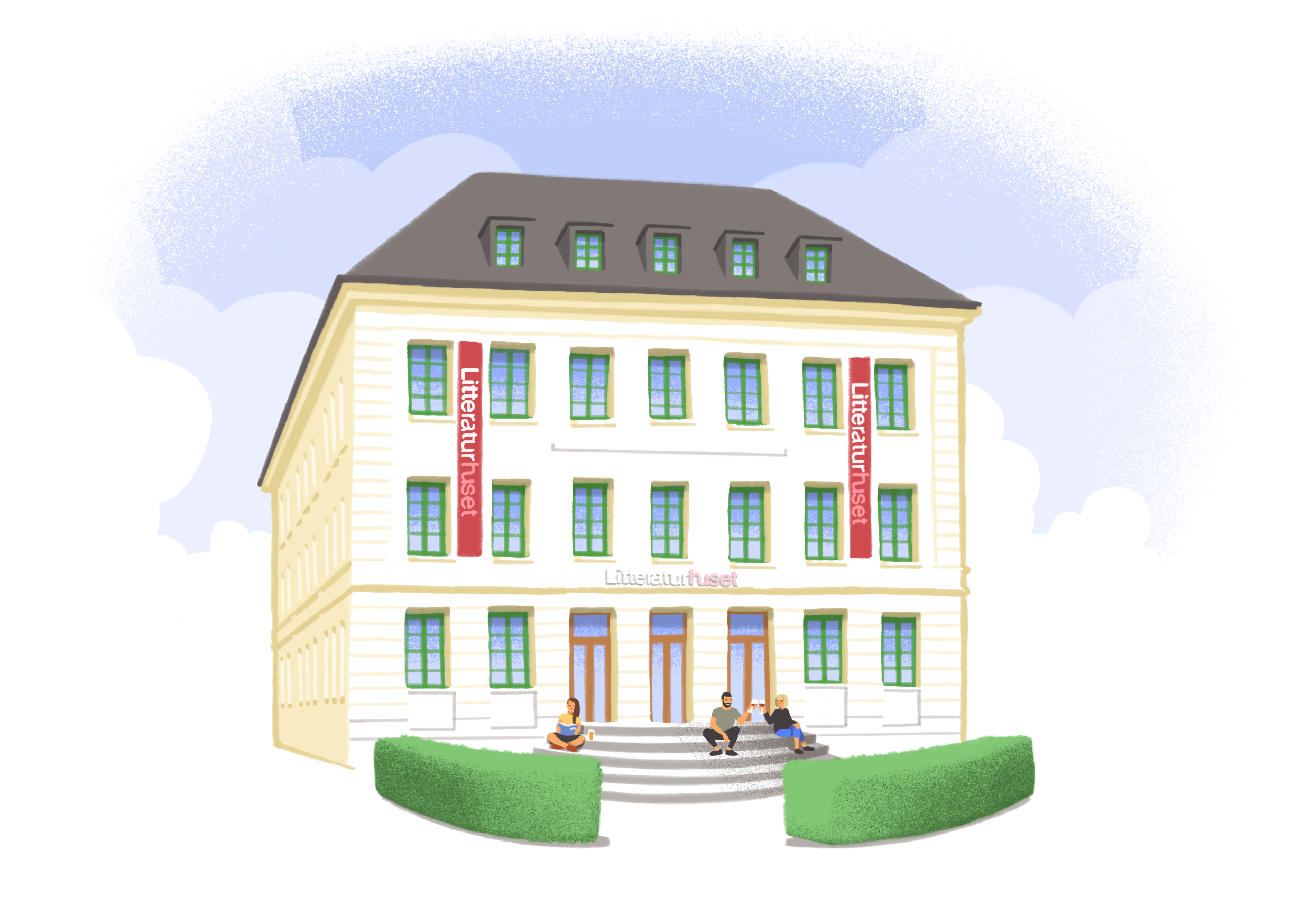 Illustrasjon av Litteraturhuset, tegnet av Julius Vidarssønn Langhoff