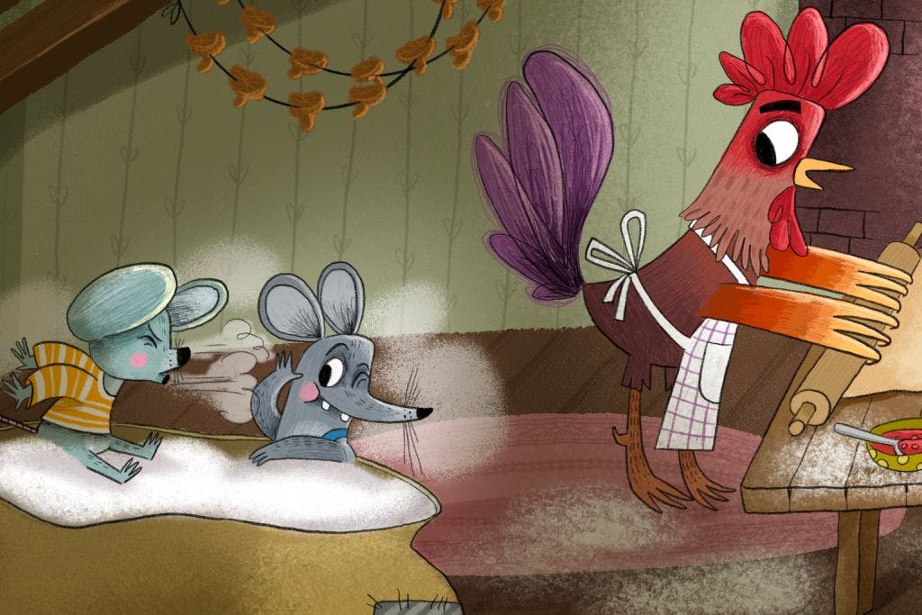Illustrasjon fra eventyret Hanen og de to musene