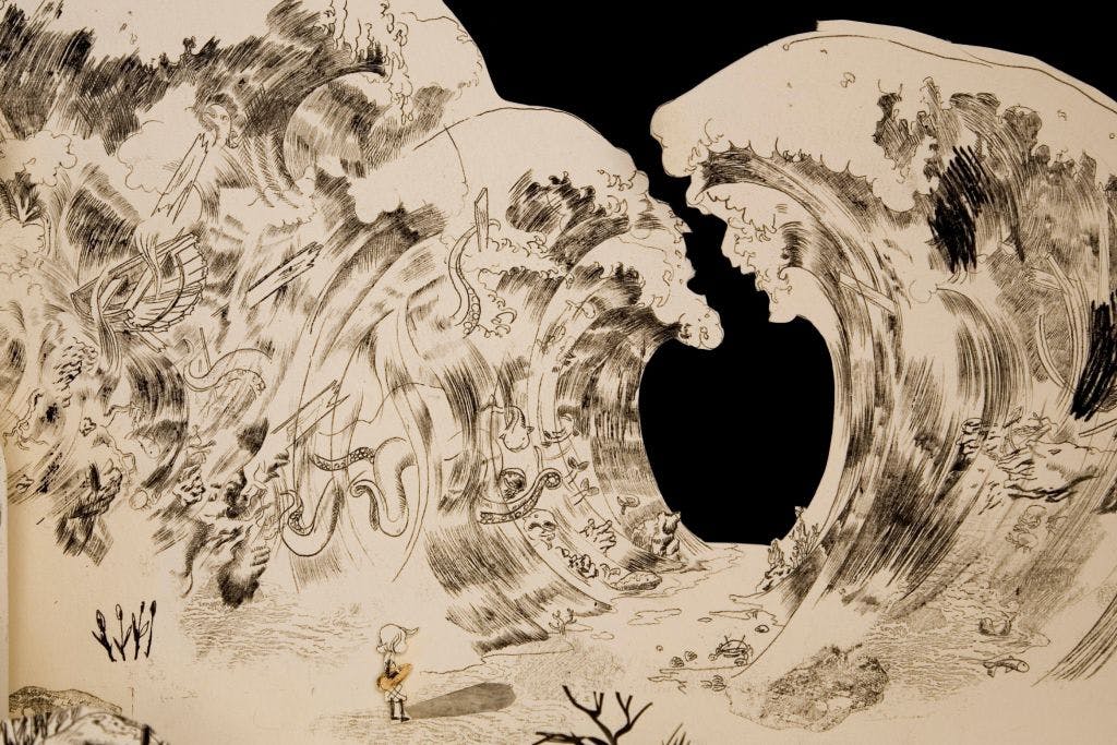 Illustrasjon av en stor bølge rundt en liten jente. 