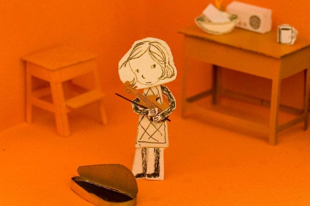 Illustrasjon av en liten jente med en fele i et orange rom.
